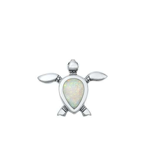 Sterling Silver Oxidized White Lab Opal Turtle Pendant Face Height-19.1mm