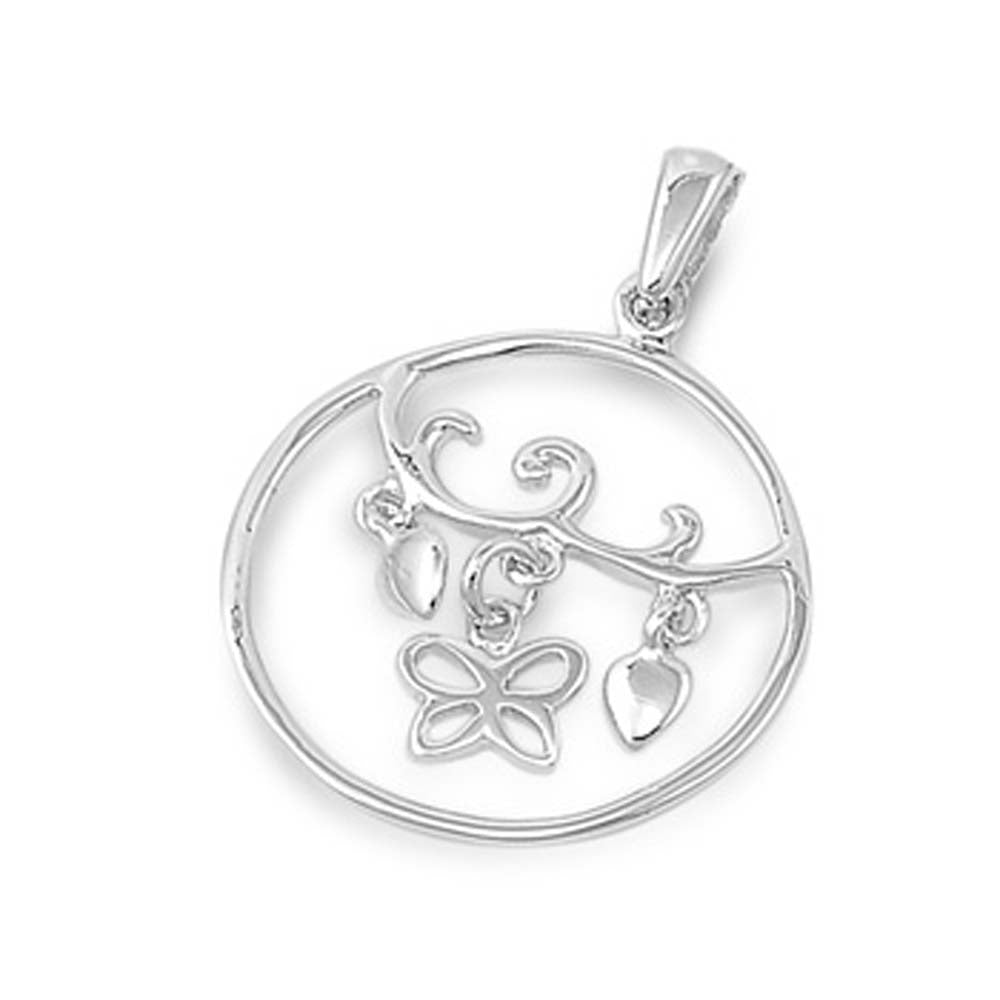 Sterling Silver Fancy Open Cut Circle with Floating Hearts and Flower Design PendantAnd Pendant Height of 20MM