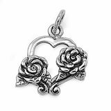 Sterling Silver Heart Pendant with Two Fancy Roses On The SideAnd Height 15 MM