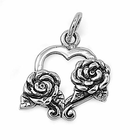 Sterling Silver Heart Pendant with Two Fancy Roses On The SideAnd Height 15 MM