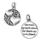 Sterling Silver Antique Style Heart Pendant with Phrase at the Back  Our roots say we\'re sisters Our hearts say we\'re friends And Pendant Height of 14MM