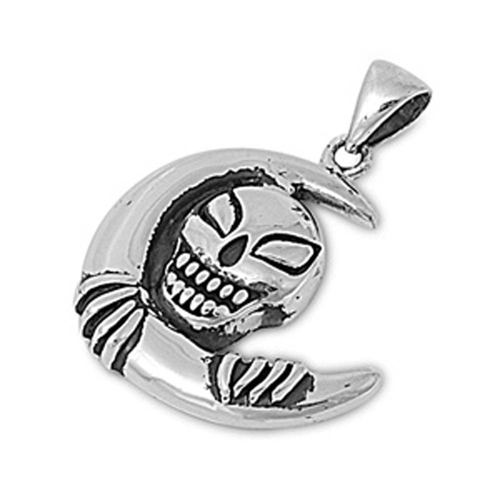 Sterling Silver Fancy Skull and Moon Pendant with Pendant Height of 22MM