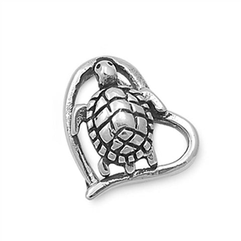 Sterling Silver Fancy Heart and Turtle Pendant with Pendant Height of 11MM