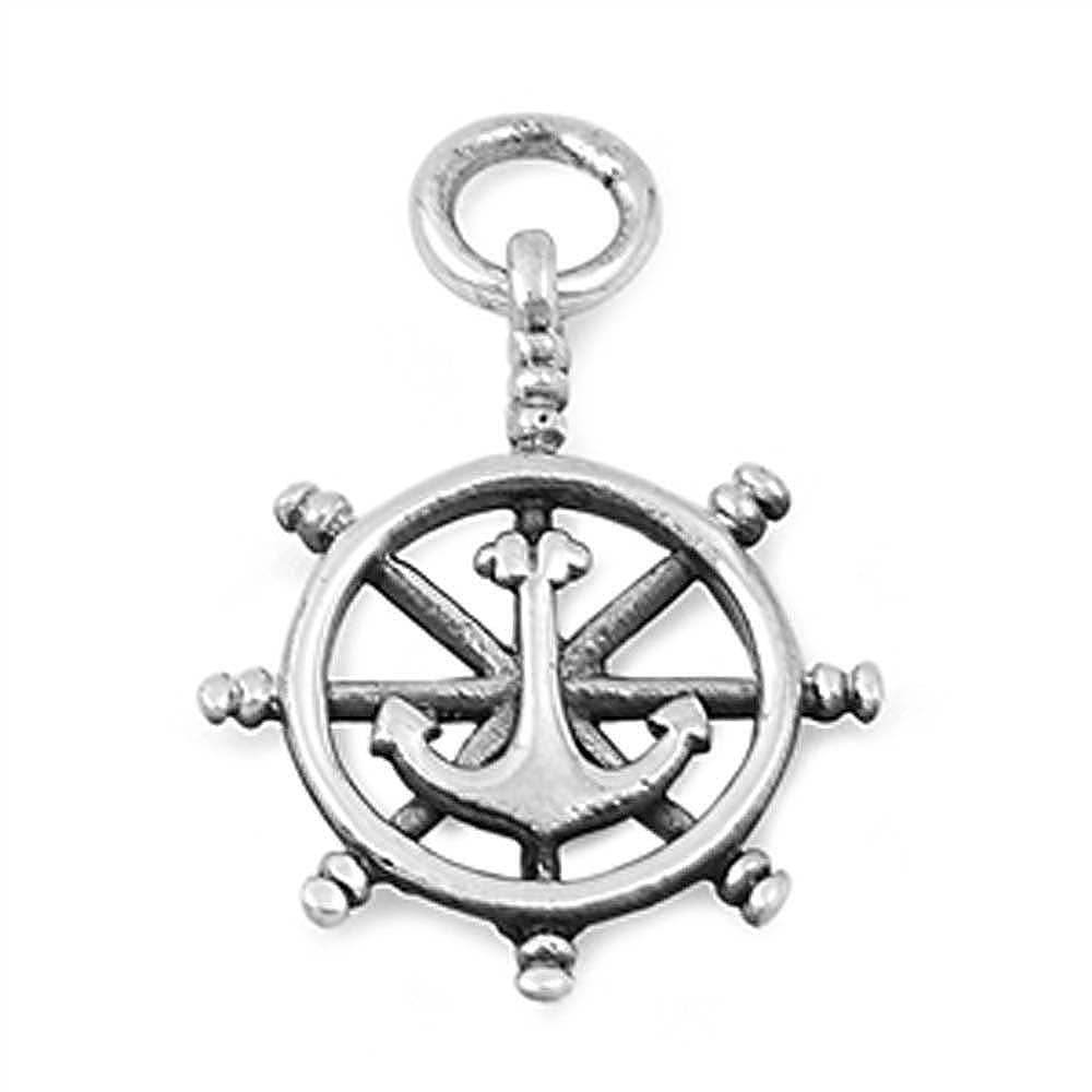 Sterling Silver Anchor Ship Wheel Plain Pendant