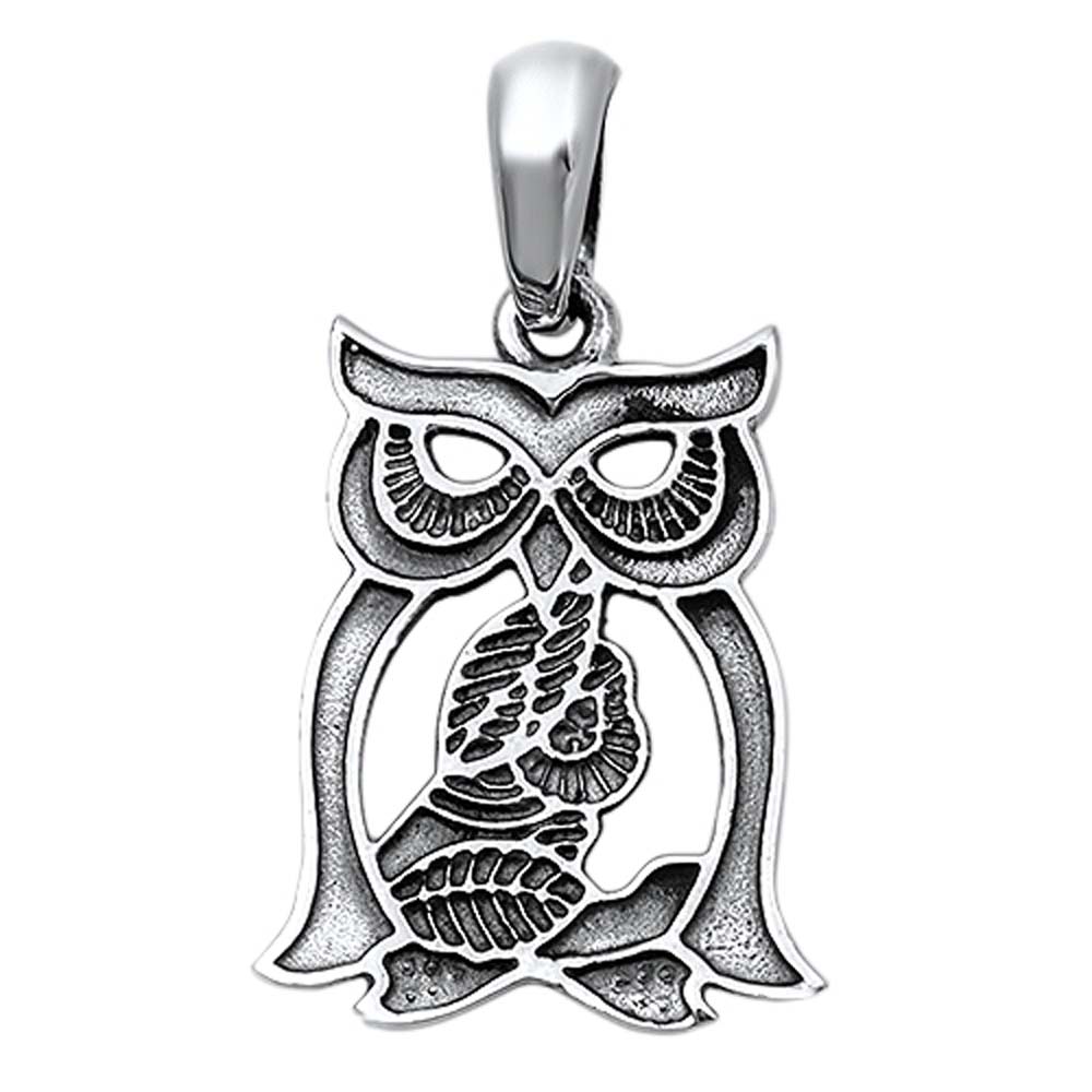 Sterling Silver Fancy Owl Pendant with Leaves DesignAnd Pendant Height of 19MM