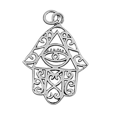 Sterling Silver Antique Style Hand of God Pendant with Centered Evil Eye and Filigree DesignAnd Pendant Height of 26MM