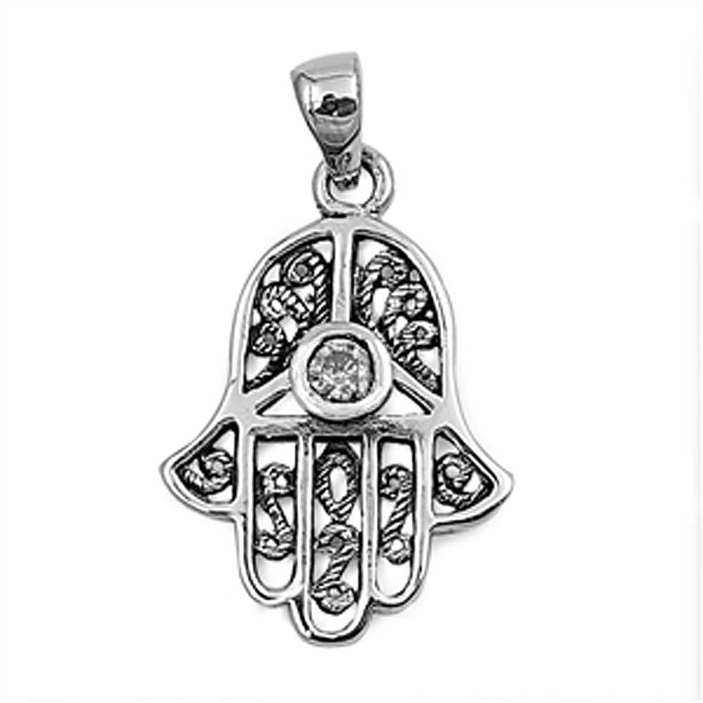 Sterling Silver Antque Style Hand of God Pendant with Filigree Design and Centered Clear Cz StoneAnd Pendant Height of 22MM