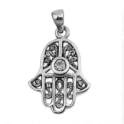 Sterling Silver Antque Style Hand of God Pendant with Filigree Design and Centered Clear Cz StoneAnd Pendant Height of 22MM