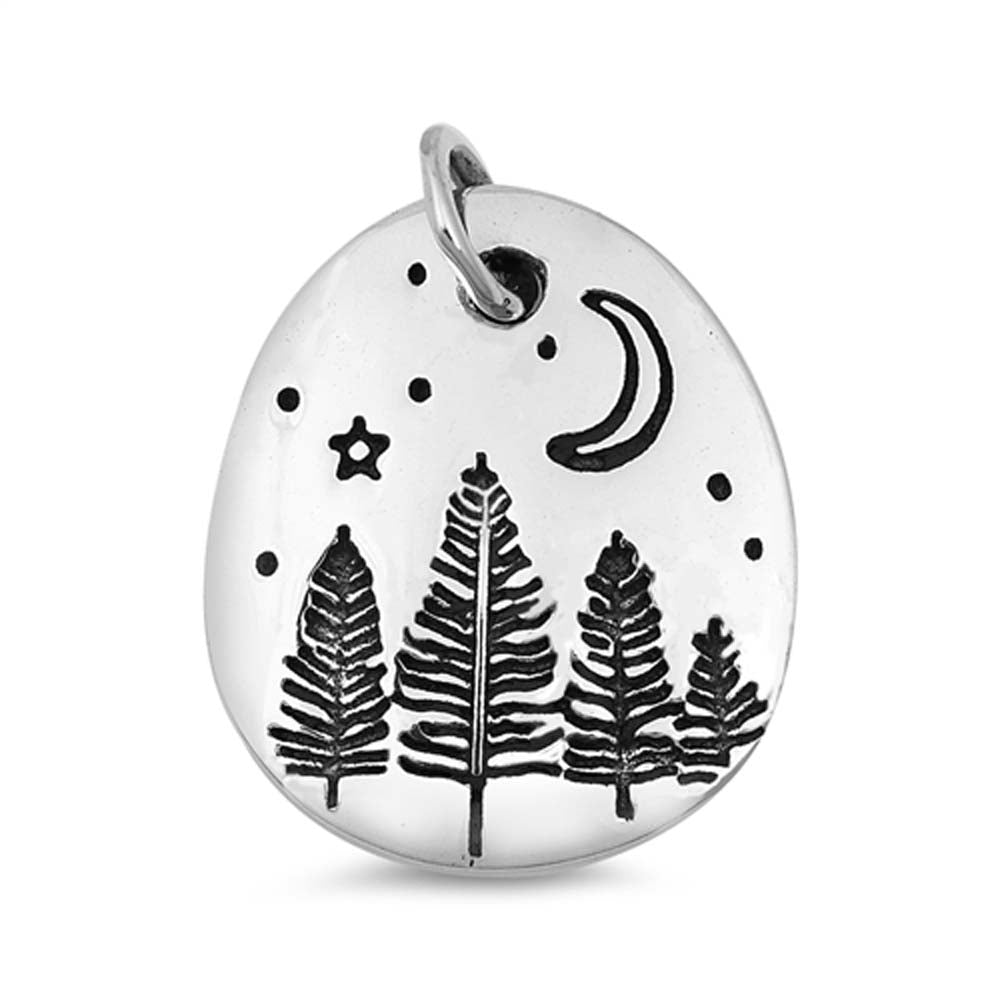 Sterling Silver Trees and Moon Plain Pendant