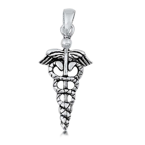 Sterling Silver Oxidized Finish Caduceus Shaped Plain Pendant