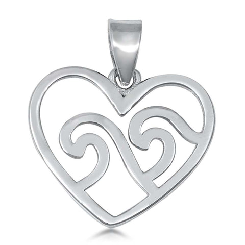 Sterling Silver Rhodium Plated Waves in Heart Plain Pendant