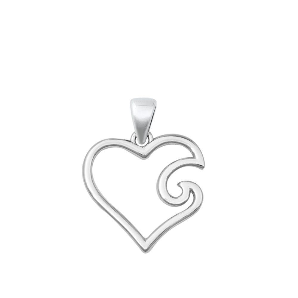 Sterling Silver Rhodium Plated Heart and Wave Pendant - silverdepot