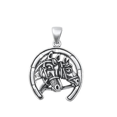 Sterling Silver Oxidized Horses and Horseshoe Pendant