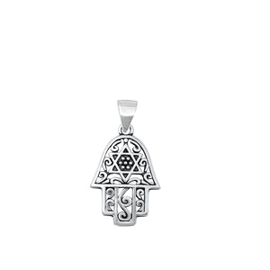 Sterling Silver Oxidized Hamsa and Jewish Star Pendant