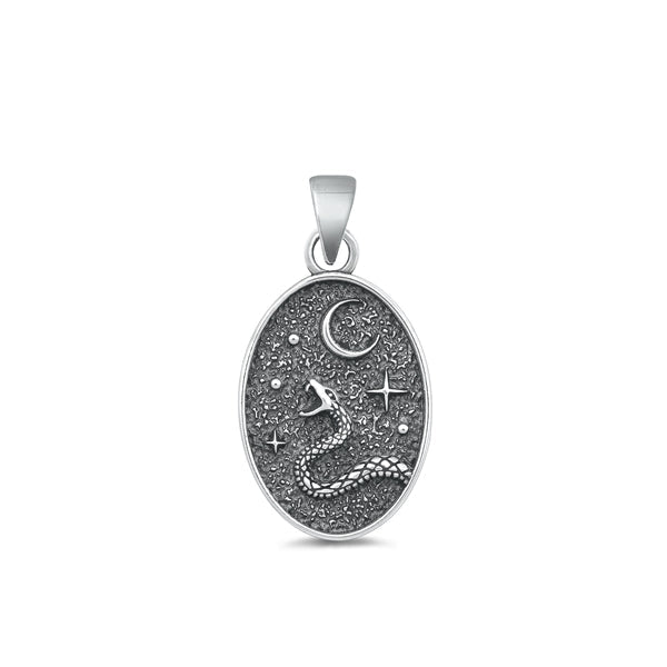 Sterling Silver Oxidized Snake And Moon Pendant Face Height-20.3mm