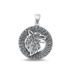 Sterling Silver Oxidized Wolf Viking Plain Pendant Face Height-25.5mm