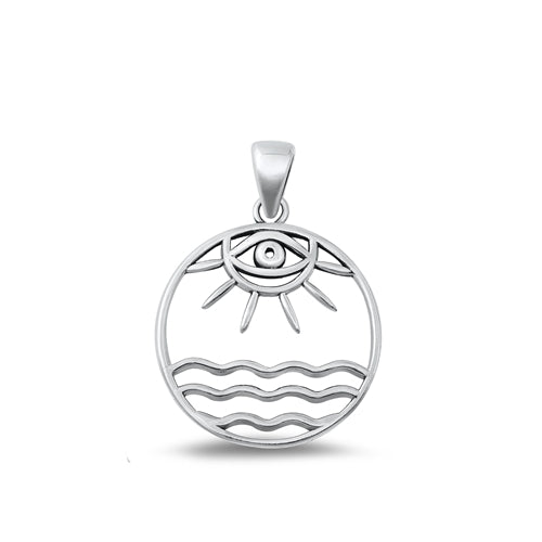 Sterling Silver Oxidized Evil Eye, Sun And Water Plain Pendant Face Height-22.2mm