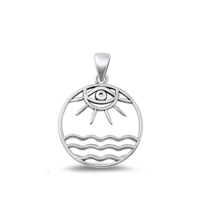 Sterling Silver Oxidized Evil Eye, Sun And Water Plain Pendant Face Height-22.2mm