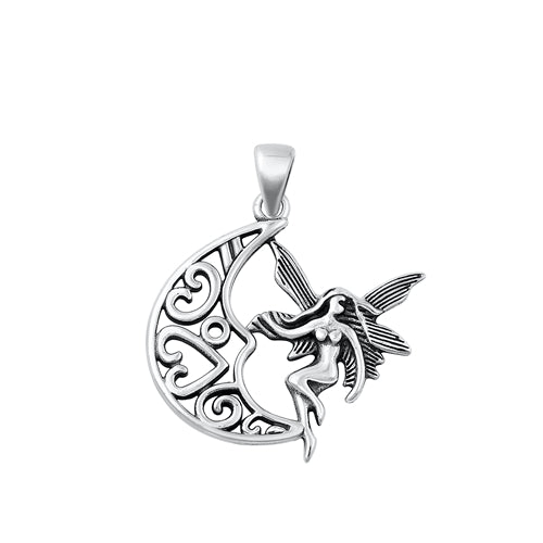 Sterling Silver Oxidized Fairy And Moon Plain Pendant Face Height-24.2mm