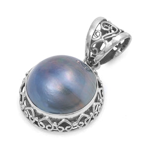 Sterling Silver Genuine 21 mm Blue Mabe Pearl Stone Pendant