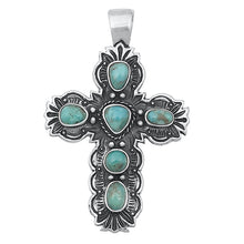 Load image into Gallery viewer, Sterling Silver Oxidized Genuine Turquoise Stone Cross Pendant