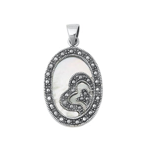 Sterling Silver Oxidized Marcasite and Mother of Pearl Stone Pendant