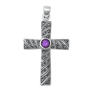 Sterling Silver Oxidized Marcasite and Purple CZ Stone Pendant
