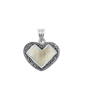 Sterling Silver Oxidized Heart Marcasite and Mother of Pearl Stone Pendant