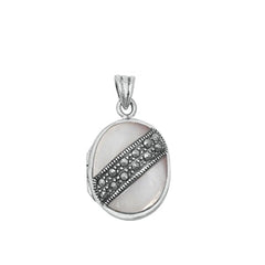 Sterling Silver Oxidized Marcasite and Mother of Pearl Stone Pendant-22.4 mm