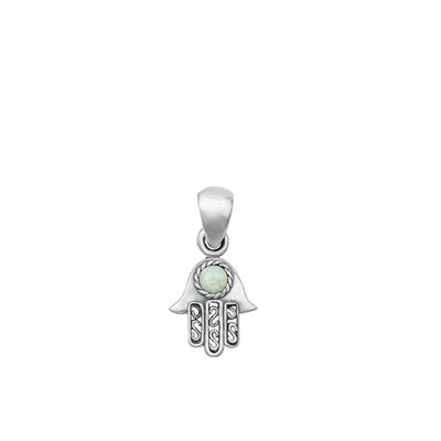 Sterling Silver Oxidized Hamsa White Lab Opal Pendant