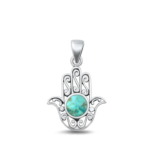 Sterling Silver Oxidized Genuine Turquoise Hamsa Pendant Face Height-20.5mm