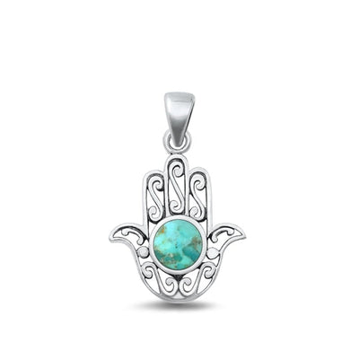Sterling Silver Oxidized Genuine Turquoise Hamsa Pendant Face Height-20.5mm