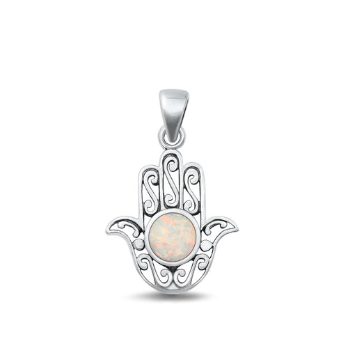 Sterling Silver Oxidized White Lab Opal Hamsa Pendant Face Height-20.5mm