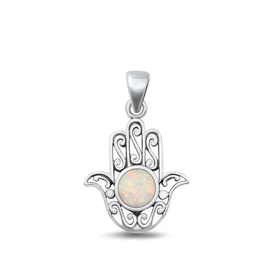 Sterling Silver Oxidized White Lab Opal Hamsa Pendant Face Height-20.5mm