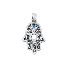 Load image into Gallery viewer, Sterling Silver Oxidized Hamsa and Star of David Blue Lab Opal Pendant
