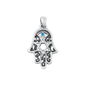 Sterling Silver Oxidized Hamsa and Star of David Blue Lab Opal Pendant