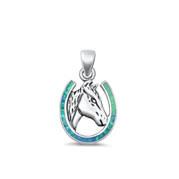 Sterling Silver Oxidized Horse Blue Lab Opal Pendant Face Height-16.8mm