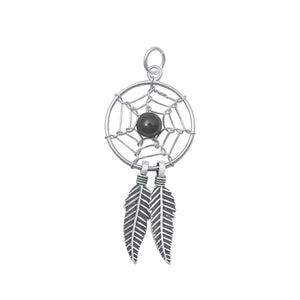 Sterling Silver Oxidized Onyx Dreamcatcher Stone Pendant-16 mm