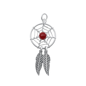 Sterling Silver Oxidized Red Agate Dreamcatcher Stone Pendant-16 mm