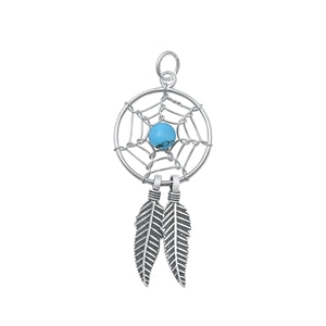 Sterling Silver Oxidized Turquoise Dreamcatcher Stone Pendant-16 mm