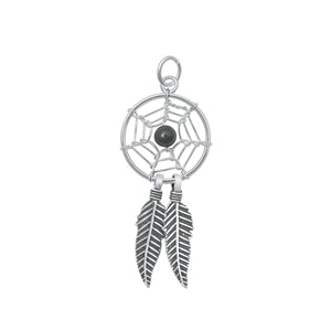 Sterling Silver Oxidized Onyx Dreamcatcher Stone Pendant-14 mm