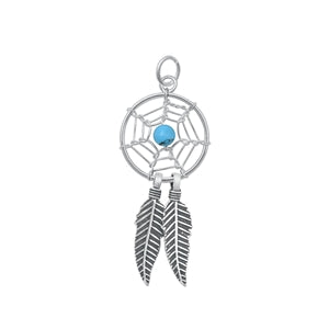Sterling Silver Oxidized Turquoise Dreamcatcher Stone Pendant-14 mm