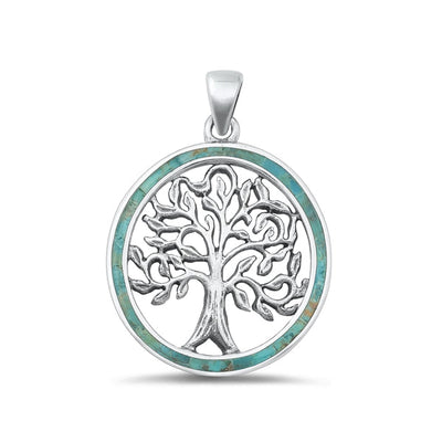 Sterling Silver Oxidized Tree Of Life Genuine Turquoise Pendant Face Height-27mm