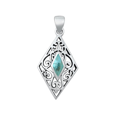 Sterling Silver Oxidized Diamond Cut Genuine Turquoise Pendant Face Height-27.5mm
