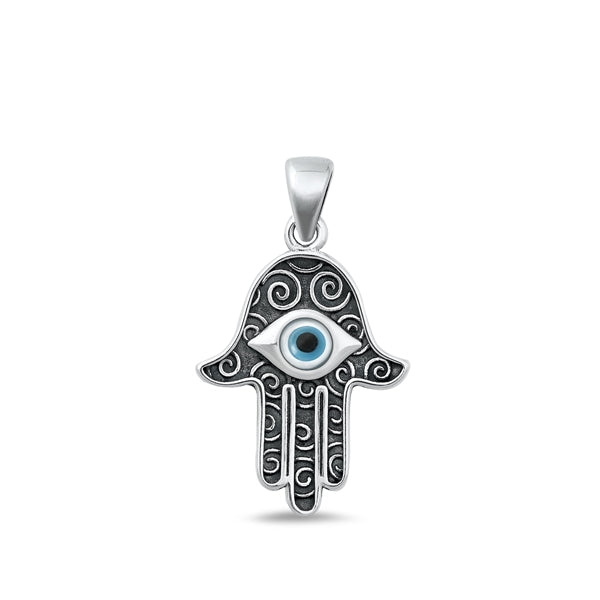 Sterling Silver Oxidized Evil Eye And Hamsa Mother Of Pearl Pendant Face Height-22mm