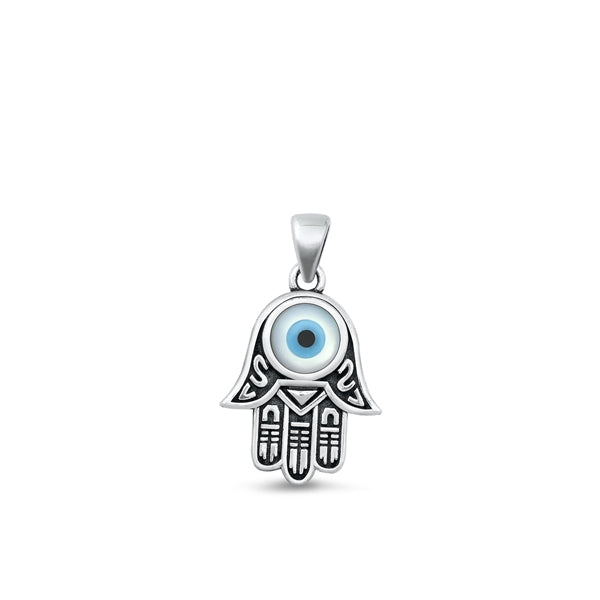 Sterling Silver Oxidized Hamsa And Evil Eye Mother Of Pearl Pendant Face Height-16.9mm