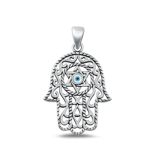 Sterling Silver Oxidized Mother of Pearl Hamsa & Evil Eye Pendant Face Height-29.2mm