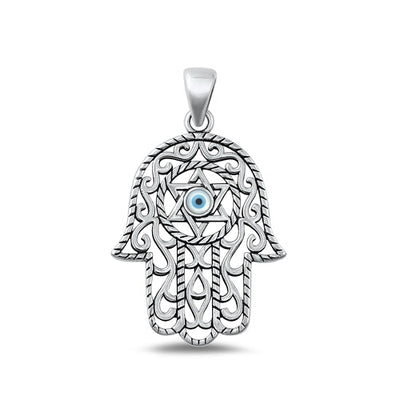 Sterling Silver Oxidized Mother of Pearl Hamsa & Evil Eye Pendant Face Height-29.2mm