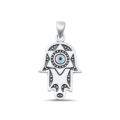 Sterling Silver Oxidized Mother Of Pearl Hamsa And Evil Eye Pendant Face Height-24.6mm
