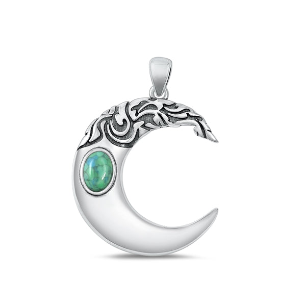 Sterling Silver Oxidized Genuine Turquoise Moon Stone Pendant Face Height-27.3mm